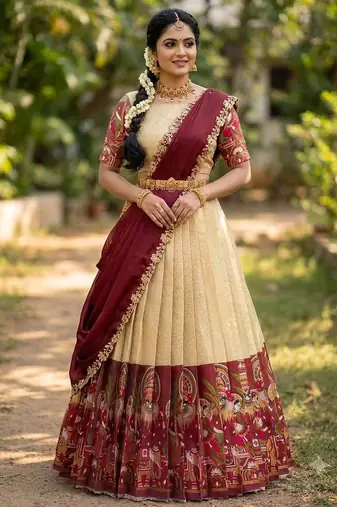 Beautiful South Indian Style Semi-Stitched Half Saree with Blouse and Dupatta for Women