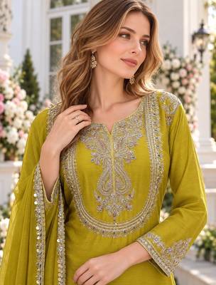 Yellow chinon readymade suit with embroidery work 2