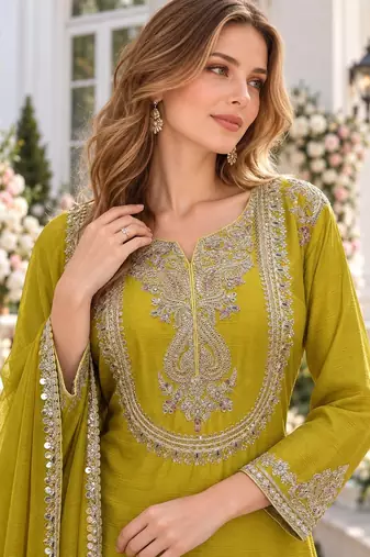 Yellow chinon readymade suit with embroidery work