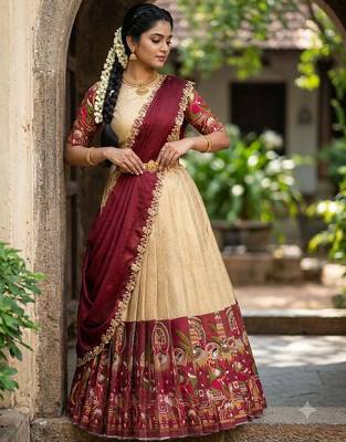 Beautiful South Indian Style Semi-Stitched Half Saree with Blouse and Dupatta for Women 2