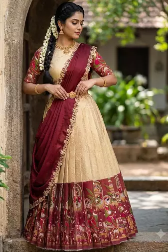 Beautiful South Indian Style Semi-Stitched Half Saree with Blouse and Dupatta for Women
