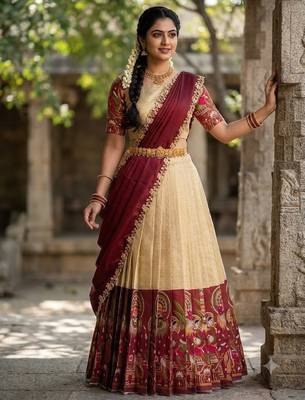 Beautiful South Indian Style Semi-Stitched Half Saree with Blouse and Dupatta for Women 3