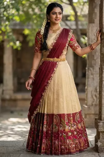 Beautiful South Indian Style Semi-Stitched Half Saree with Blouse and Dupatta for Women