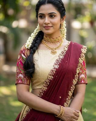 Beautiful South Indian Style Semi-Stitched Half Saree with Blouse and Dupatta for Women 4