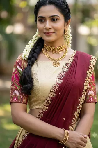 Beautiful South Indian Style Semi-Stitched Half Saree with Blouse and Dupatta for Women