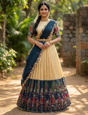 South Indian Style Half Saree with Blouse and Dupatta 1