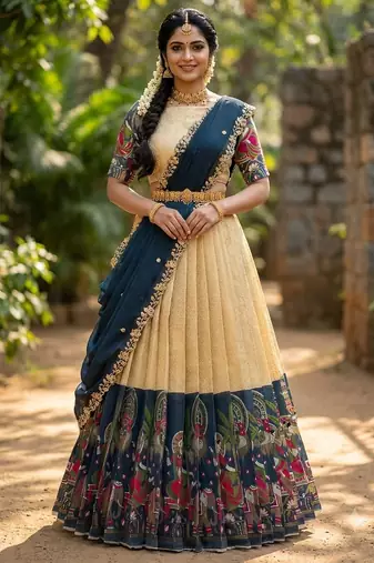 South Indian Style Half Saree with Blouse and Dupatta