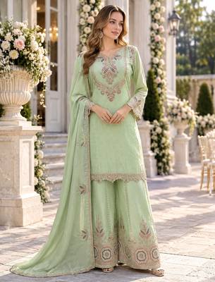 L green chinon readymade suit with embroidery work 1