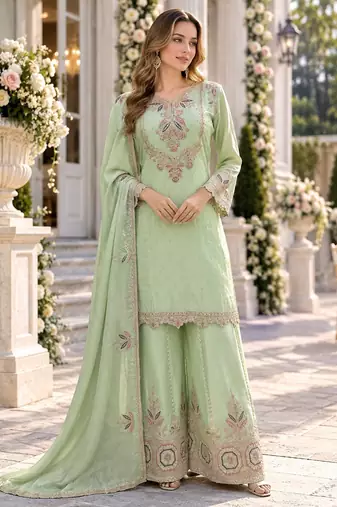 L green chinon readymade suit with embroidery work