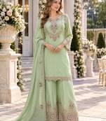 L green chinon readymade suit with embroidery work