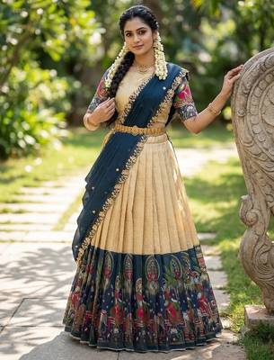 South Indian Style Half Saree with Blouse and Dupatta 3