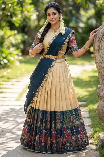 South Indian Style Half Saree with Blouse and Dupatta