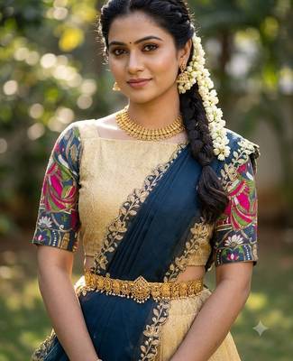 South Indian Style Half Saree with Blouse and Dupatta 4