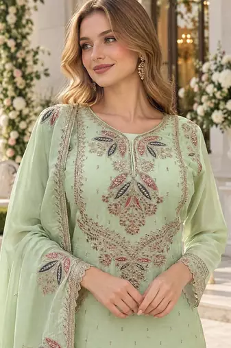 L green chinon readymade suit with embroidery work