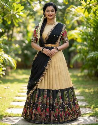 South Indian Style Half Saree with Blouse and Dupatta 1