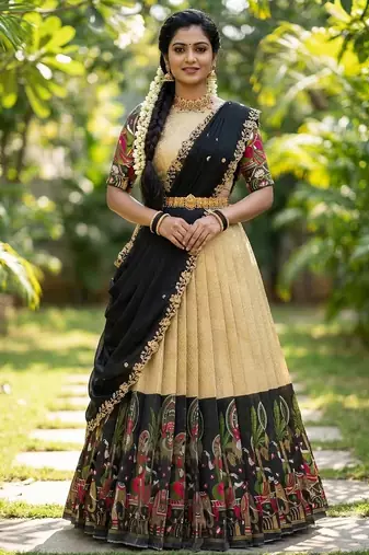 South Indian Style Half Saree with Blouse and Dupatta