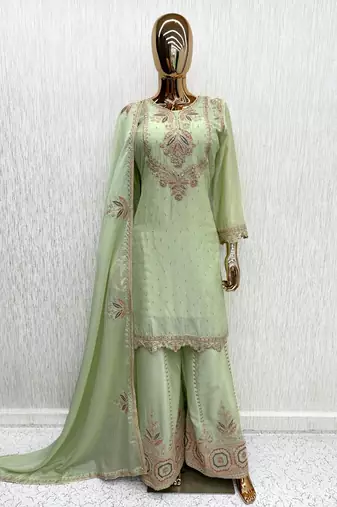 L green chinon readymade suit with embroidery work