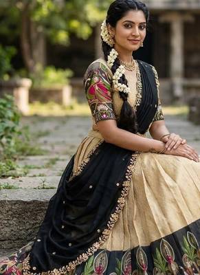 South Indian Style Half Saree with Blouse and Dupatta 3