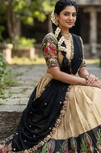 South Indian Style Half Saree with Blouse and Dupatta
