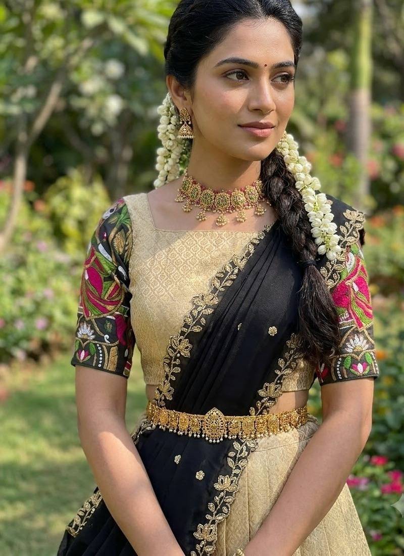 South Indian Style Half Saree with Blouse and Dupatta