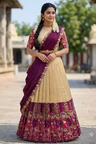 Beautiful South Indian Style Semi-Stitched Half Saree with Blouse and Dupatta for Women