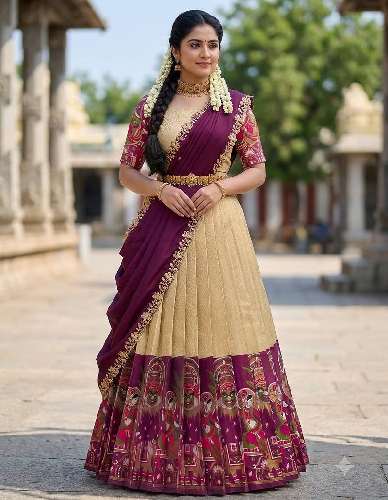 Beautiful South Indian Style Semi-Stitched Half Saree with Blouse and Dupatta for Women