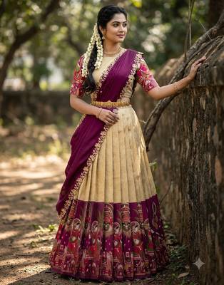 Beautiful South Indian Style Semi-Stitched Half Saree with Blouse and Dupatta for Women 2