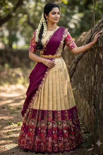 Beautiful South Indian Style Semi-Stitched Half Saree with Blouse and Dupatta for Women