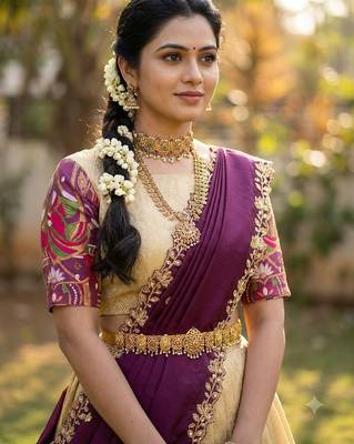 Beautiful South Indian Style Semi-Stitched Half Saree with Blouse and Dupatta for Women 3