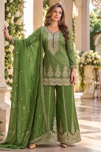 D green viscose readymade suit with embroidery work