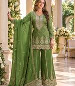 D green viscose readymade suit with embroidery work
