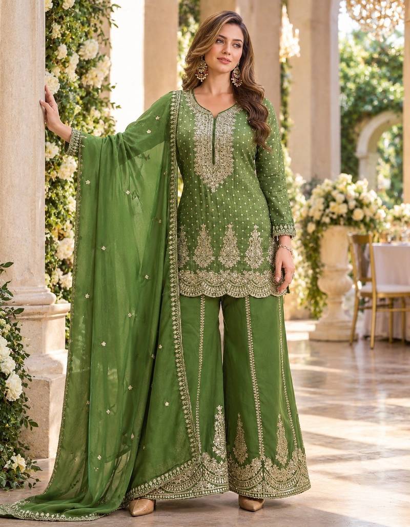 D green viscose readymade suit with embroidery work