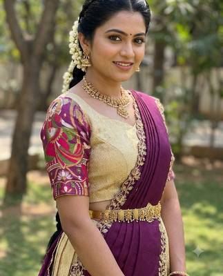 Beautiful South Indian Style Semi-Stitched Half Saree with Blouse and Dupatta for Women 4