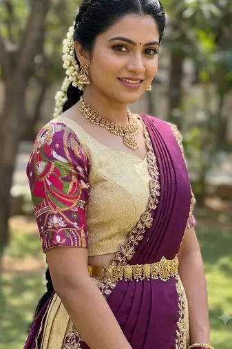 Beautiful South Indian Style Semi-Stitched Half Saree with Blouse and Dupatta for Women