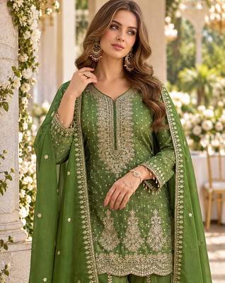 D green viscose readymade suit with embroidery work 2