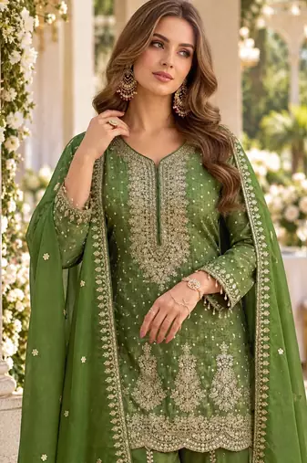 D green viscose readymade suit with embroidery work