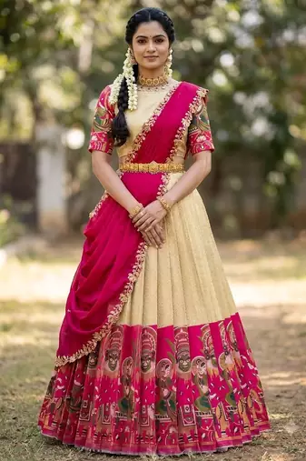 South Indian Style Half Saree with Blouse and Dupatta
