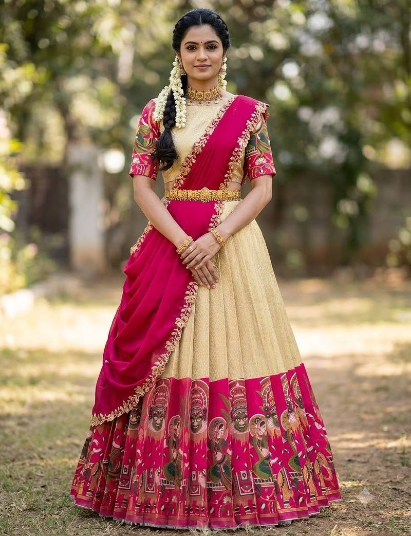 South Indian Style Half Saree with Blouse and Dupatta