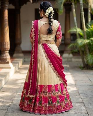 South Indian Style Half Saree with Blouse and Dupatta 2