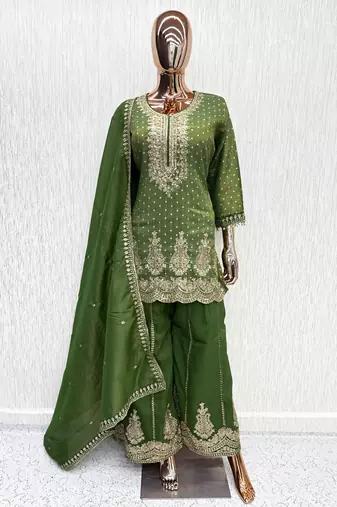 D green viscose readymade suit with embroidery work