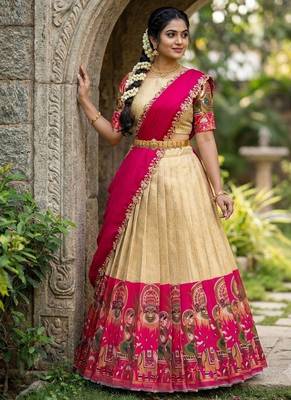 South Indian Style Half Saree with Blouse and Dupatta 3