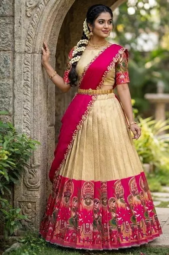 South Indian Style Half Saree with Blouse and Dupatta