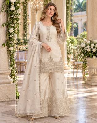 White viscose readymade suit with embroidery work 1