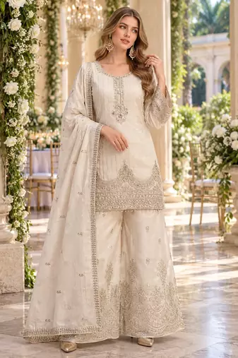 White viscose readymade suit with embroidery work