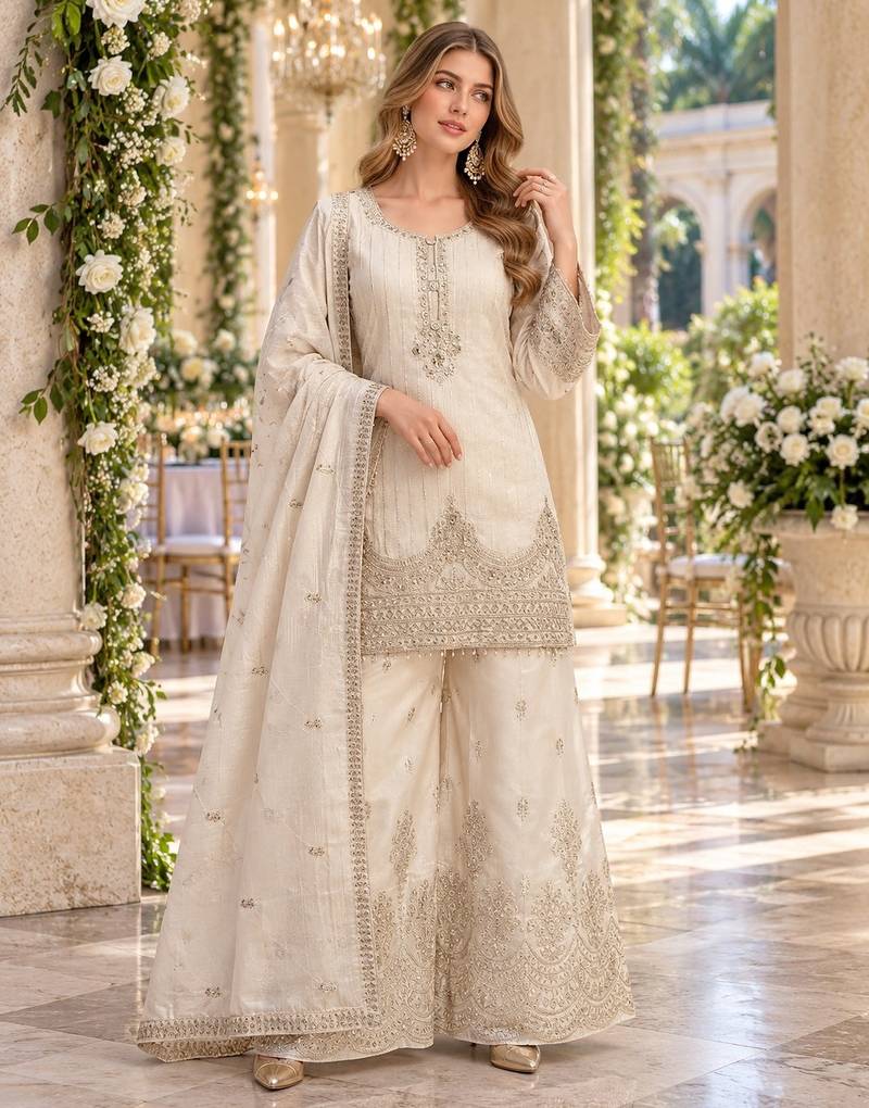 White viscose readymade suit with embroidery work