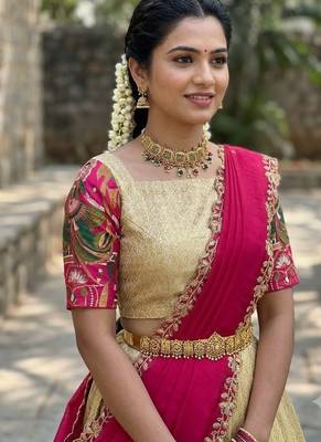 South Indian Style Half Saree with Blouse and Dupatta 4