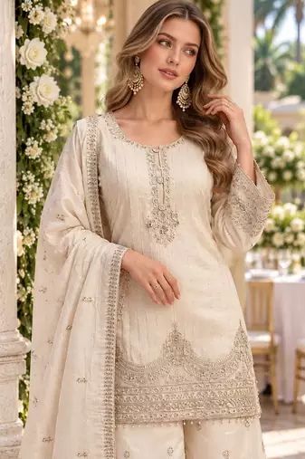 White viscose readymade suit with embroidery work
