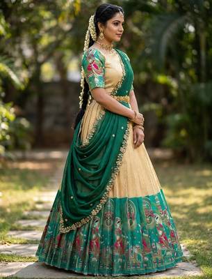 South Indian Style Half Saree with Blouse and Dupatta 1