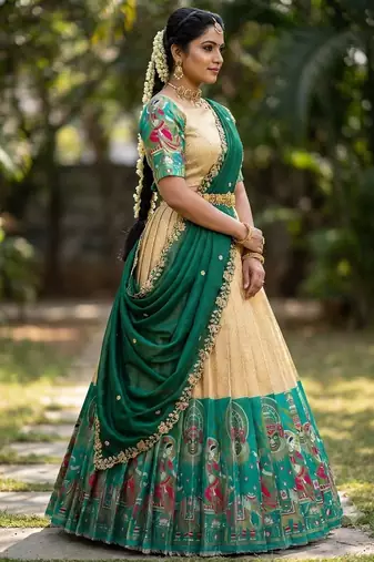 South Indian Style Half Saree with Blouse and Dupatta