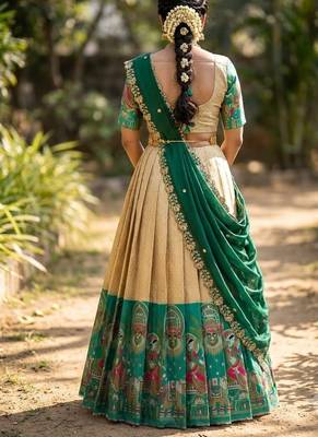 South Indian Style Half Saree with Blouse and Dupatta 2